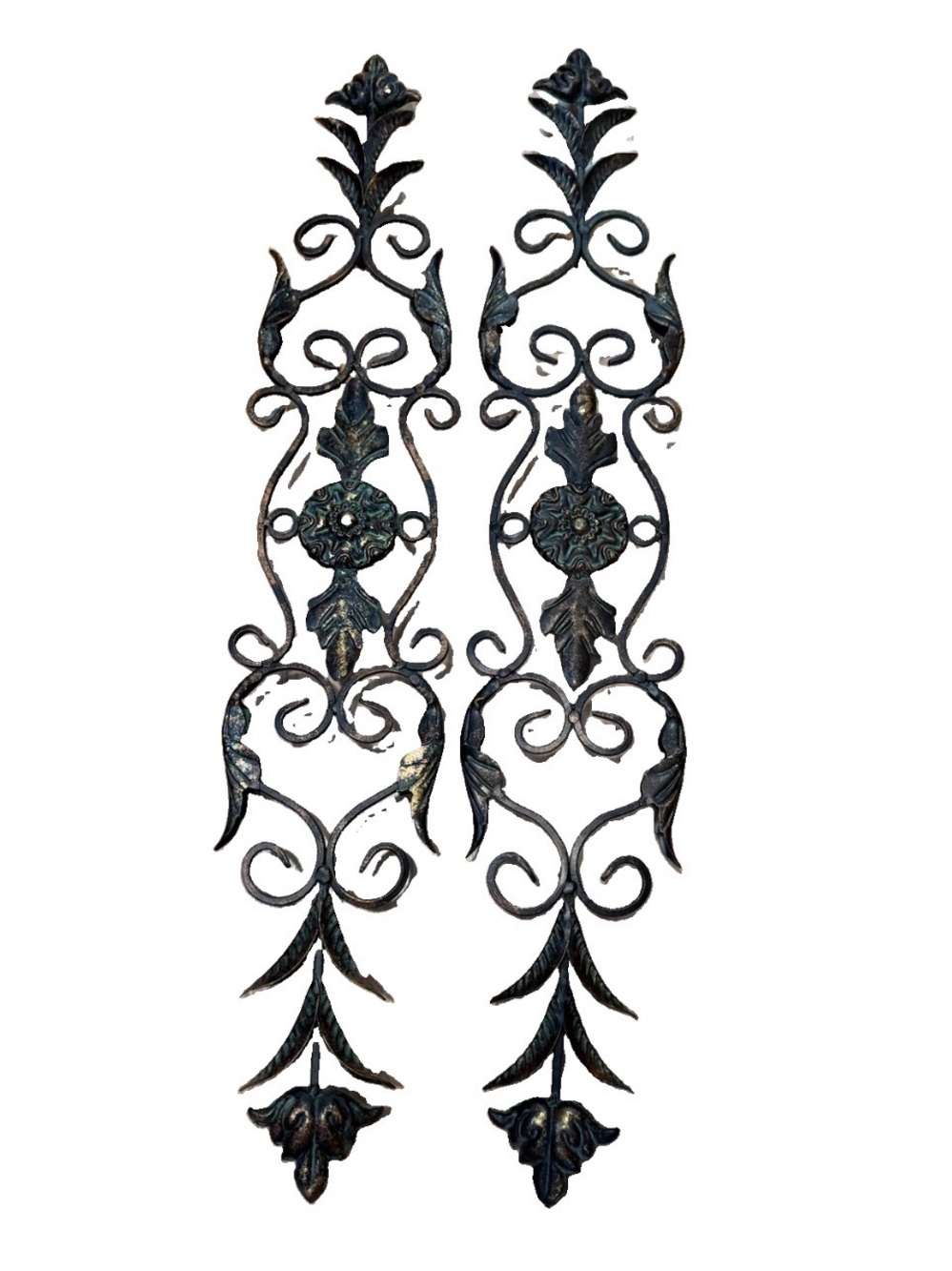 VTG Pair Wrought Iron Wall Panels Architectural Scroll Rosette Acanthus Decor
